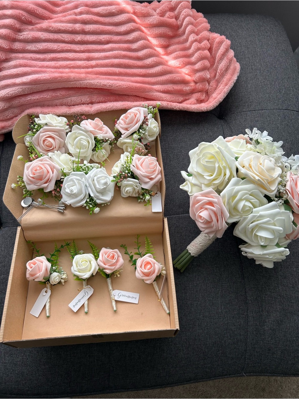 Blush Pink & Ivory Foam Rose Bridal Bouquet + Boutonniere Set
